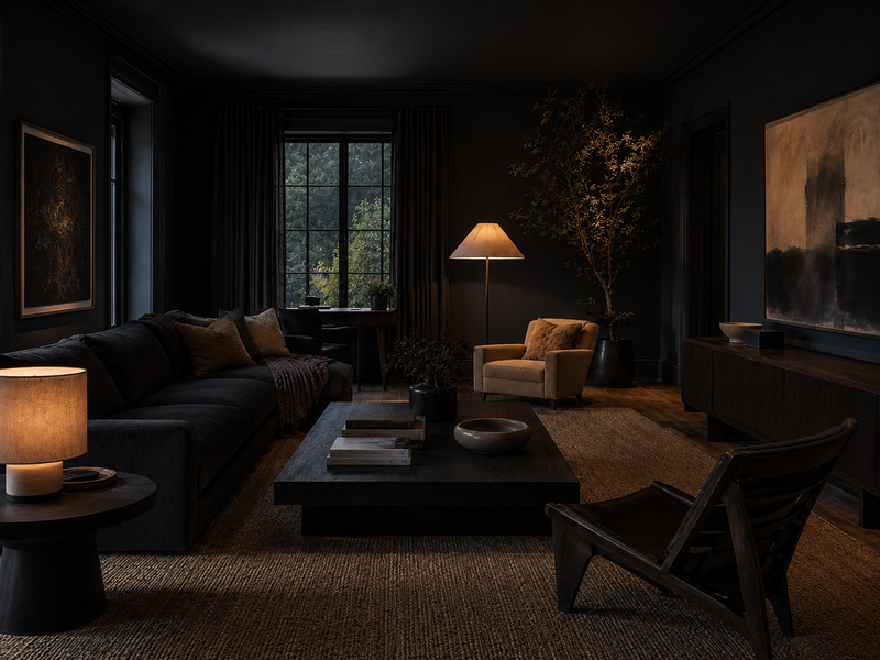 Fully furnished moody living room with charcoal walls, a deep sectional sofa, textured pillows, layered rugs, dark wood furniture, abstract art, accent chairs, and warm table and floor lamps.