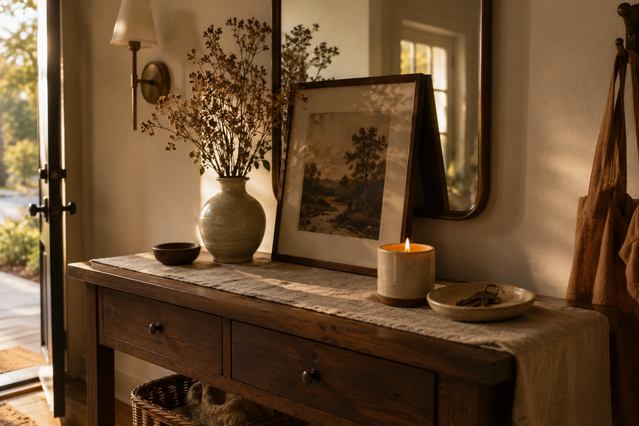 Entryway console styled with a ceramic candle, a bud vase, a catch-all dish with keys, and a framed art print.