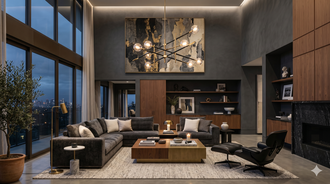Contemporary living room with double-height ceilings, floor-to-ceiling windows, sculptural lighting, and custom furnishings. 
