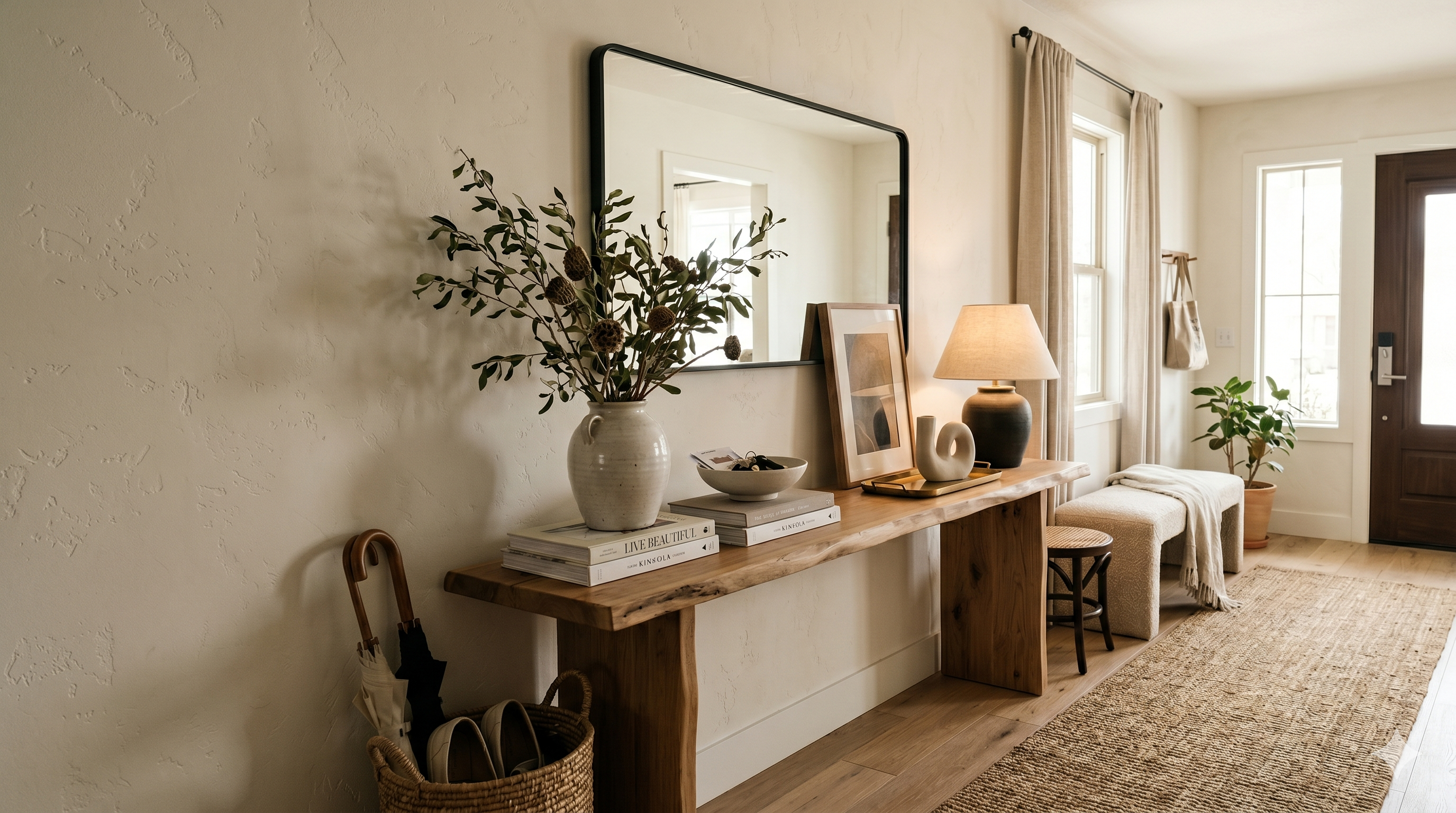 Warm neutral entryway decor with a wood console table, oversized mirror, table lamp, woven runner rug, and layered decorative accents.