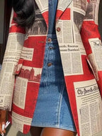 Long Sleeves Loose Buttoned Newspaper Print Pockets Split-Joint Notched Collar Blazer Outerwear