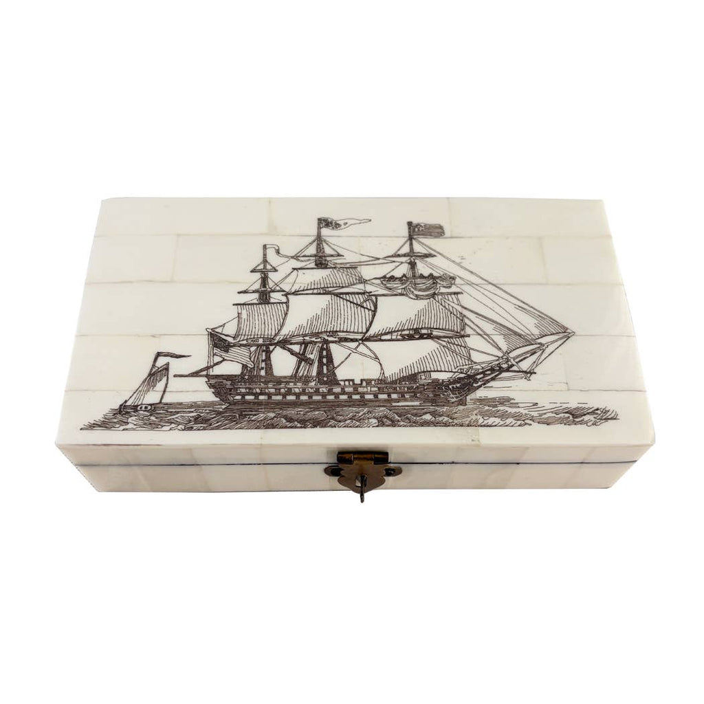 Ship of the Line Engraved Scrimshaw Bone Box