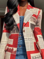 Long Sleeves Loose Buttoned Newspaper Print Pockets Split-Joint Notched Collar Blazer Outerwear