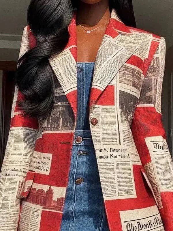 Long Sleeves Loose Buttoned Newspaper Print Pockets Split-Joint Notched Collar Blazer Outerwear