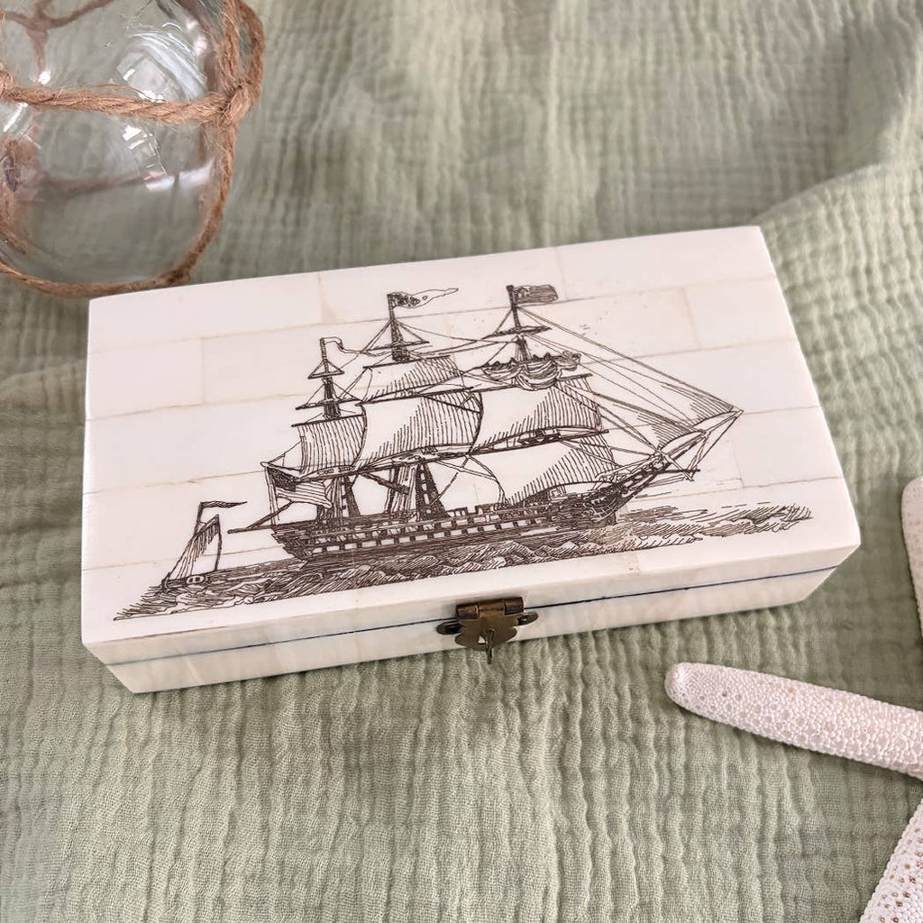 Ship of the Line Engraved Scrimshaw Bone Box