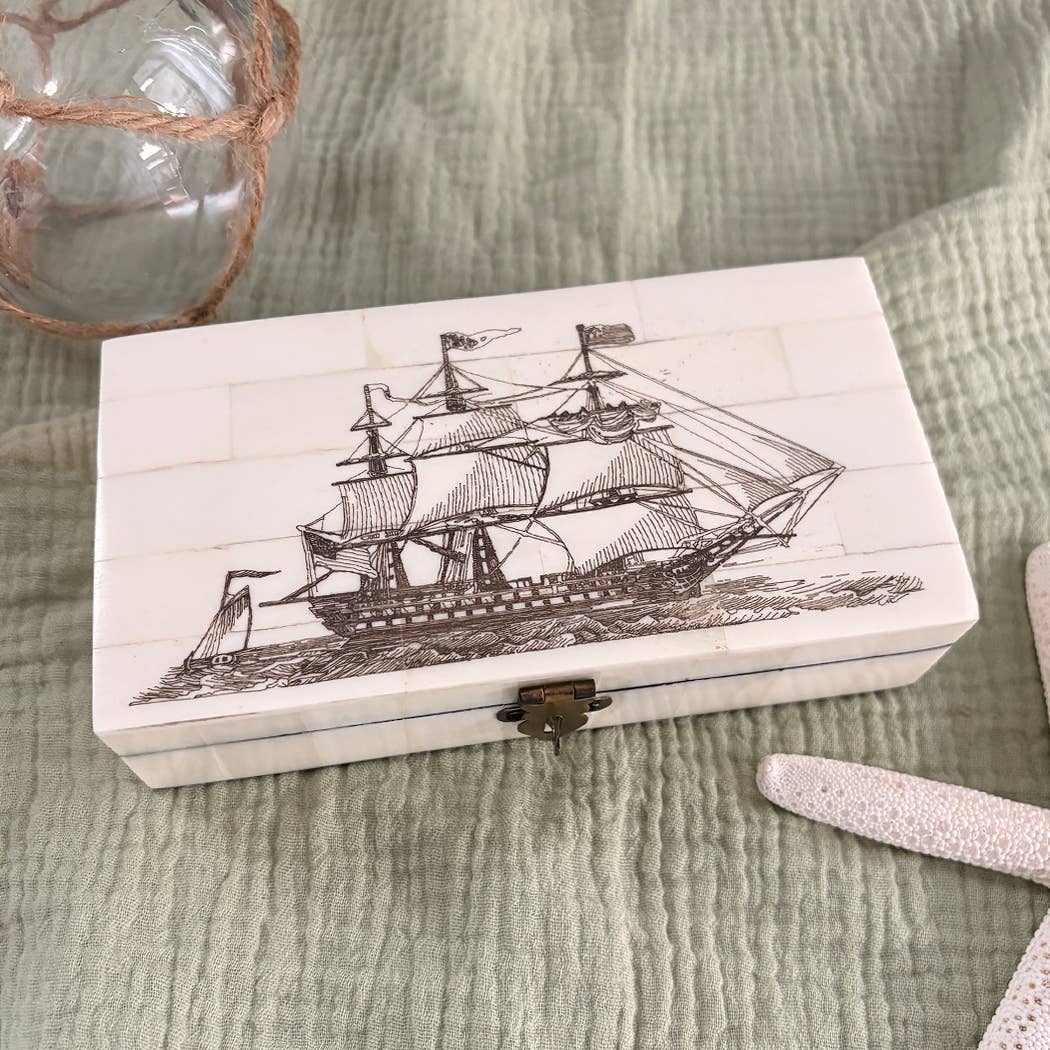 Ship of the Line Engraved Scrimshaw Bone Box