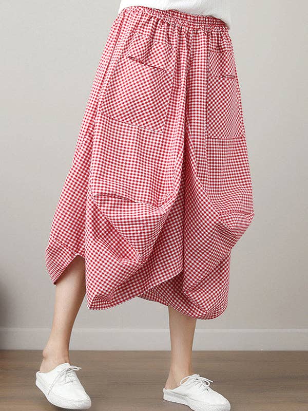 High Waisted Irregularity Elasticity Plaid Pleated Pockets Skirts