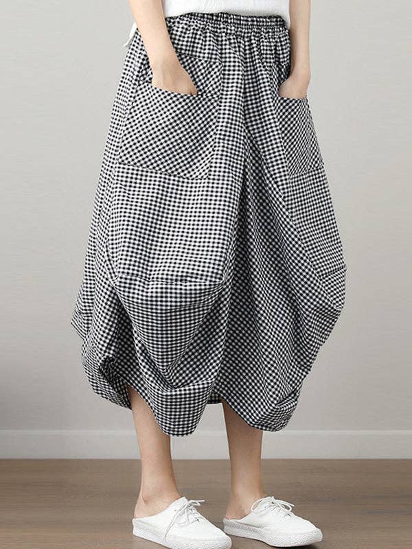 High Waisted Irregularity Elasticity Plaid Pleated Pockets Skirts