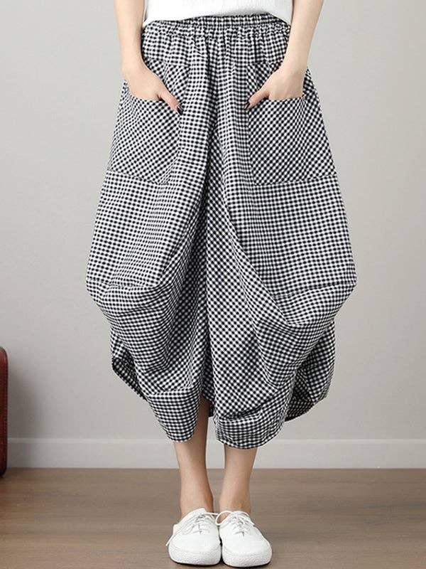 High Waisted Irregularity Elasticity Plaid Pleated Pockets Skirts