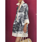Long Sleeves Loose Printed Lapel Mini Dresses