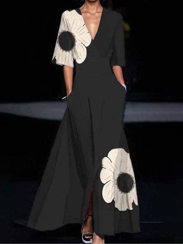 A-Line Loose Flower Print Pockets V-Neck Maxi Dresses