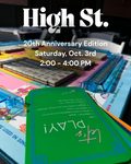Event poster for High St.'s 20th Anniversary Edition mahjong event, Saturday, Oct. 3rd, 2:00–4:00 PM. High St. logo at top over a photo of a mahjong table set up with tiles, colorful trays, and a green 'Let's Play!' scorecard.