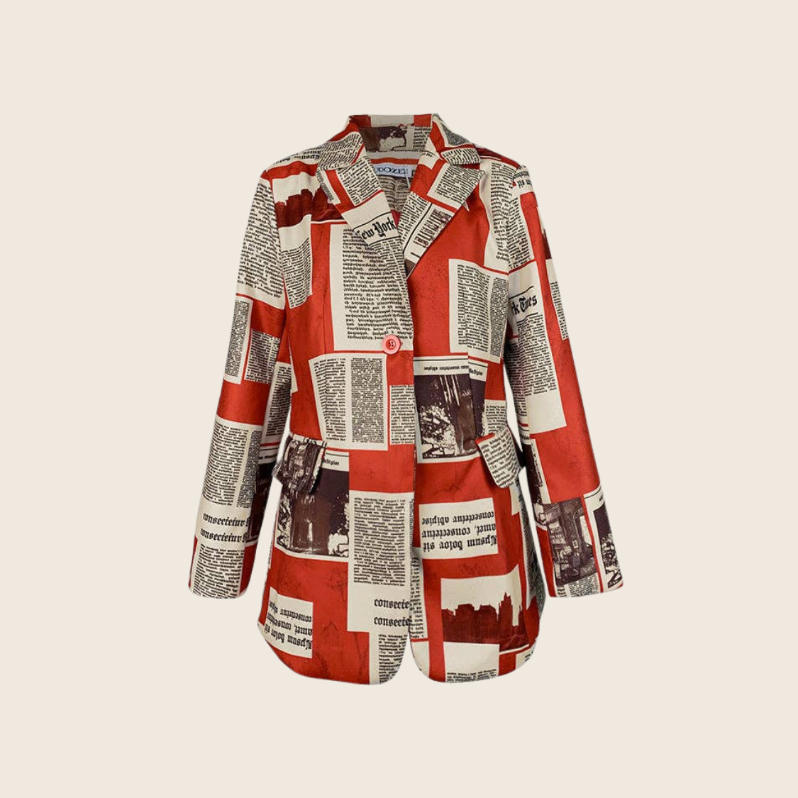 Loose Buttoned Newspaper Print Blazer