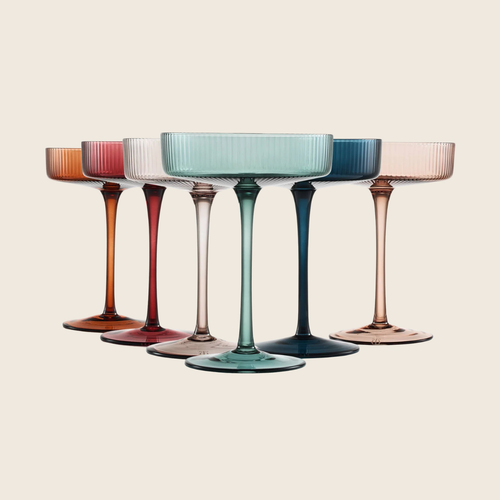 Art Deco Ribbed Pastel Coupe, & Cocktail Glasses - 6 Set