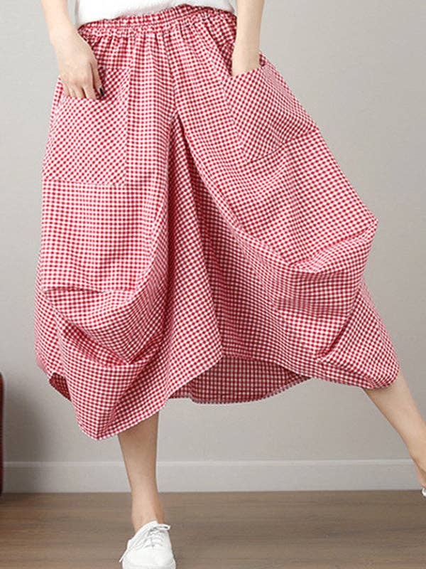 High Waisted Irregularity Elasticity Plaid Pleated Pockets Skirts