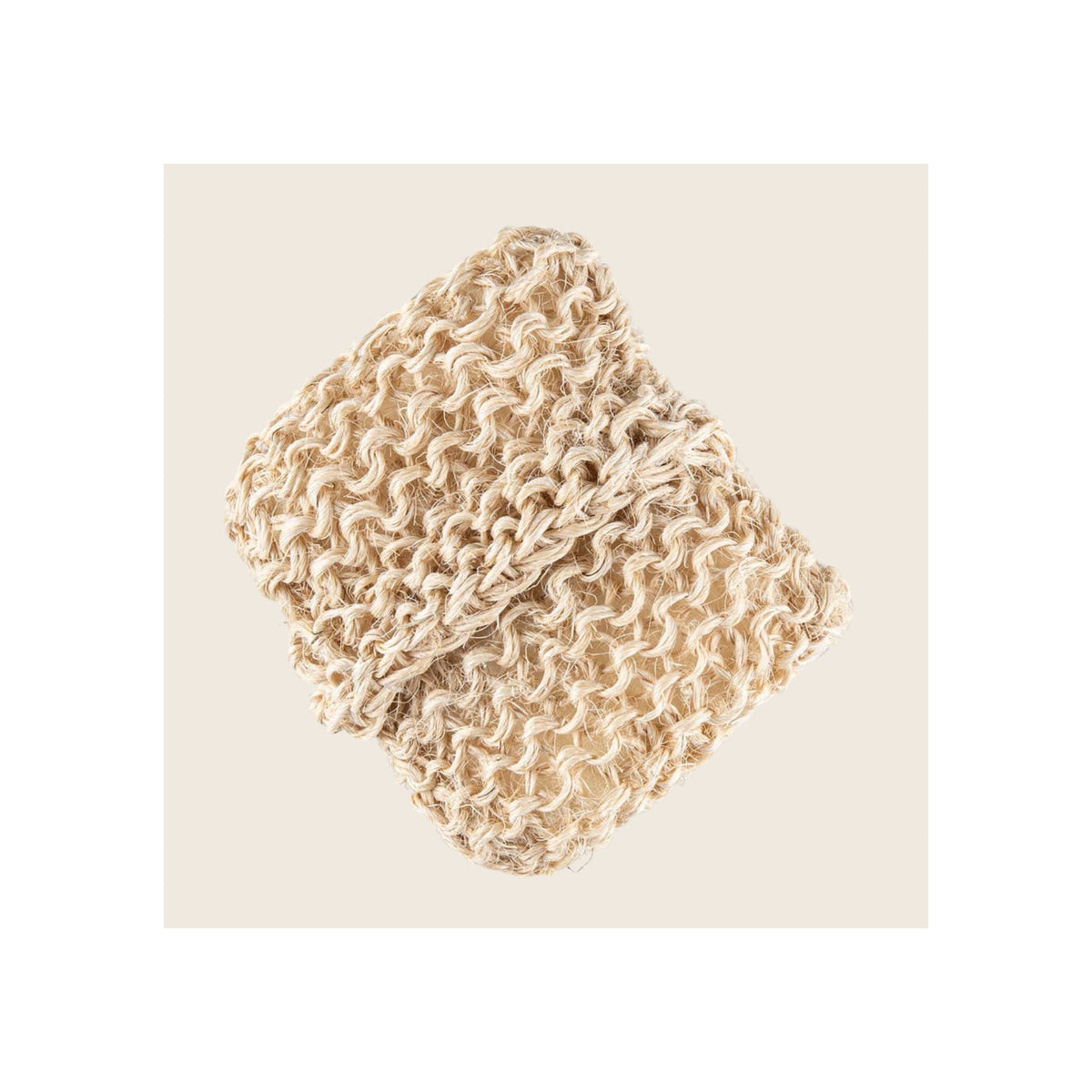 Sisal body scrubber, natural beige woven fiber, square shape, angled orientation