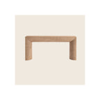 Console table, raffia-wrapped natural tan finish, curved legs, front view