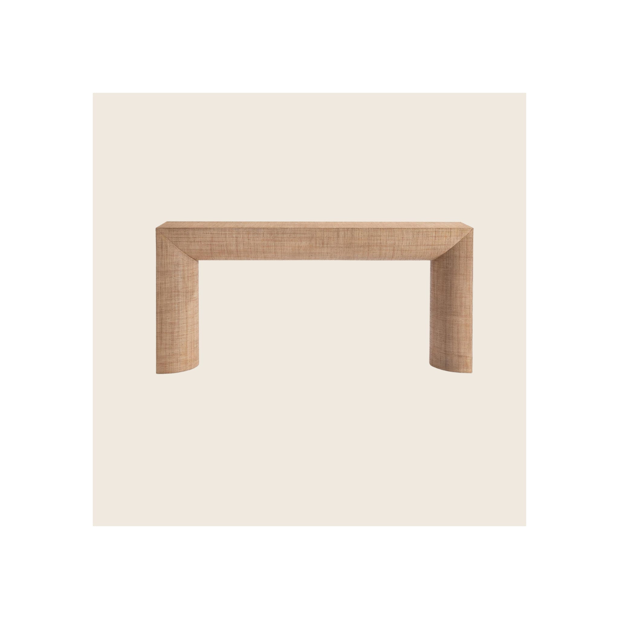 Console table, raffia-wrapped natural tan finish, curved legs, front view