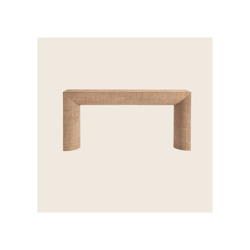 Console table, raffia-wrapped natural tan finish, curved legs, front view