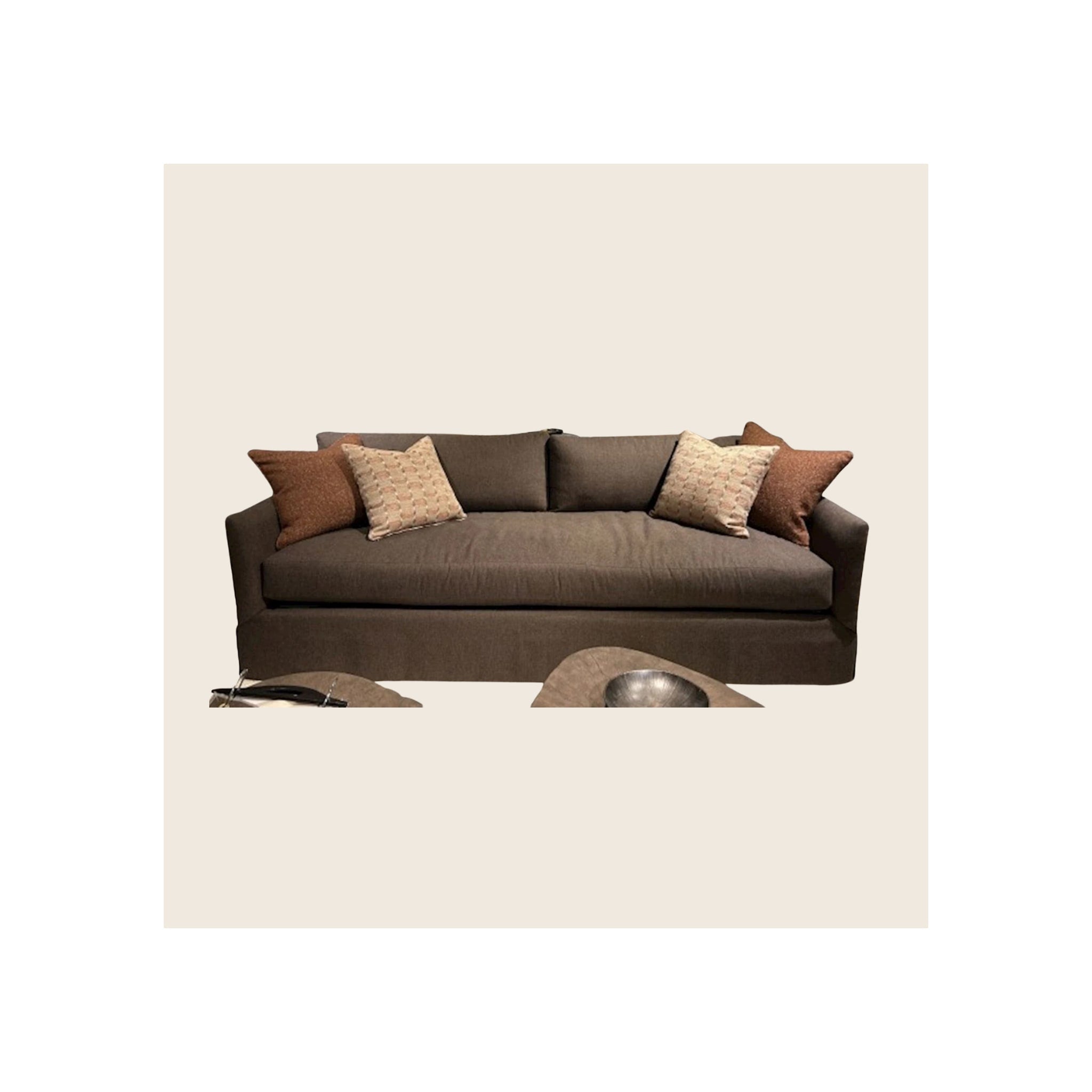 Langley sofa in dark brown fabric upholstery with four decorative cushions, front-facing view