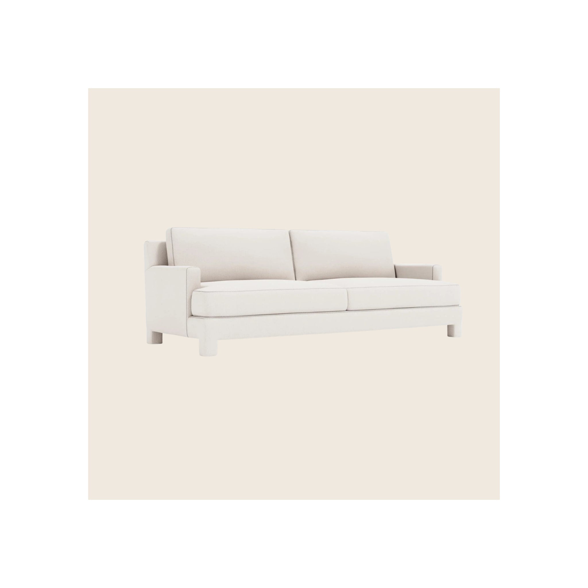 Sofa, cream upholstered two-seat with square arms and block legs, angled three-quarter view
