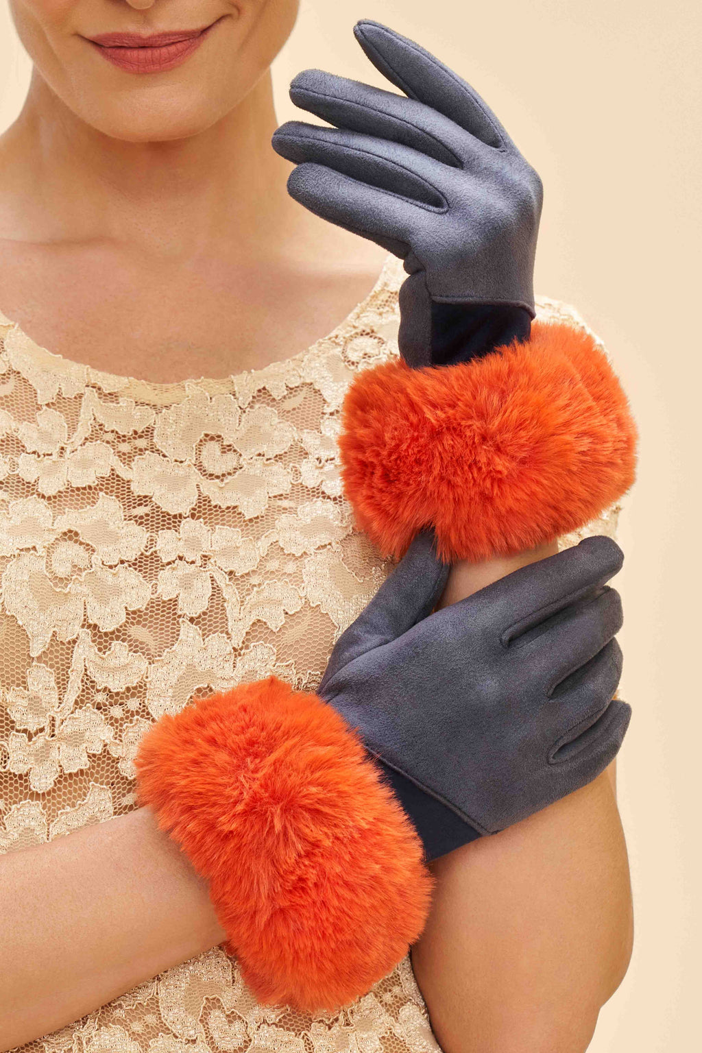Two Tone Bettina Faux Fur Glove - Denim