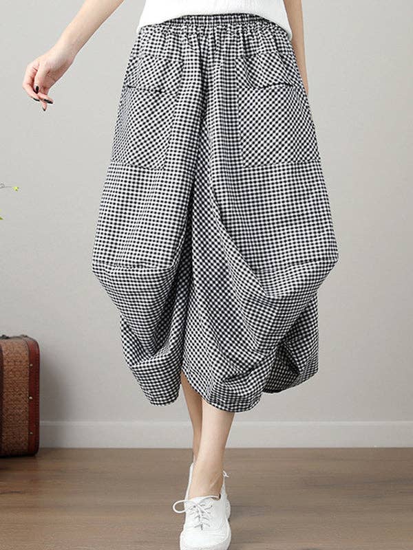 High Waisted Irregularity Elasticity Plaid Pleated Pockets Skirts