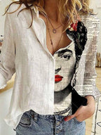 Stylish Asymmetric Printed Lapel Long Sleeves Blouse Tops