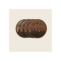 Set of four round brown leather coasters embossed with Cincinnati skyline and crown motif, stacked and fanned