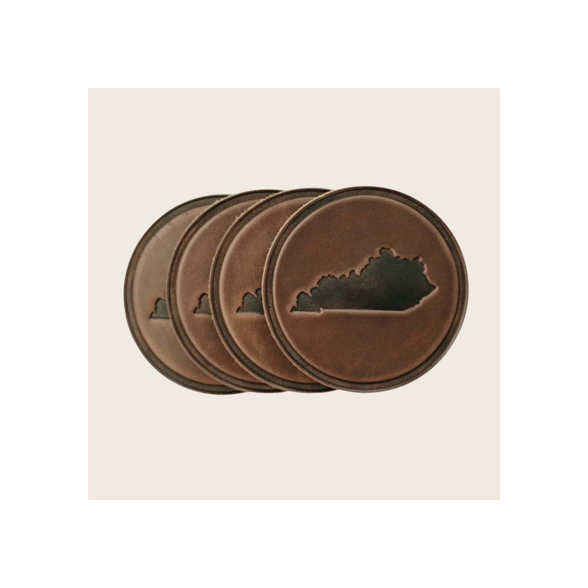 Coasters set of four round brown leather with debossed Kentucky state silhouette stacked diagonally