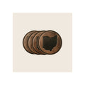 Set of four round brown leather coasters with debossed Ohio state silhouette, stacked diagonally