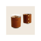 Rocks glasses set of two with tan leather sleeve, brass studs, and stitched detailing