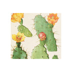 Vintage botanical print of green prickly pear cacti with orange, yellow, and pink blooms