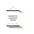 Magnetic hanging frame set in black, walnut, and natural wood finishes, portrait orientation on white background