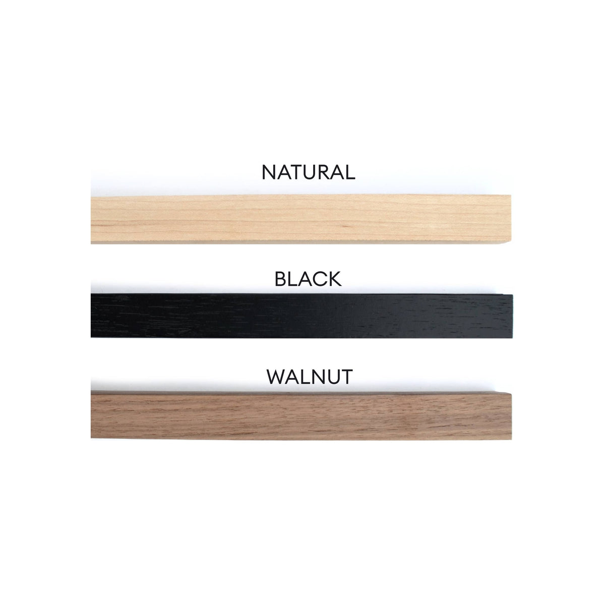 Wood frame rail samples in natural, black, and walnut finishes, horizontal orientation