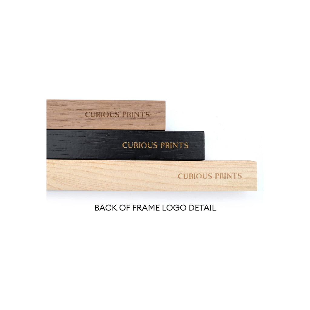 Three wooden frame bars in walnut, black, and natural finishes showing engraved logo on reverse side