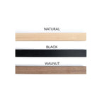 Wood frame rail samples in natural, black, and walnut finishes, horizontal orientation