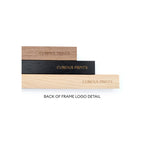 Three wooden picture frame bars in walnut, black, and natural finish showing engraved logo on reverse side