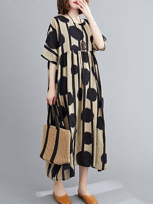 Original Polka-Dot Split-Joint Round-Neck Midi Dress