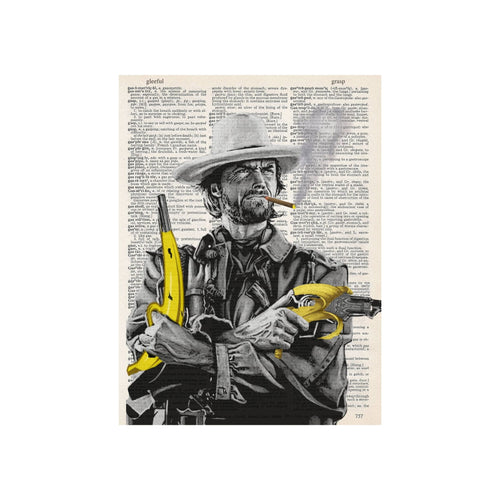 Art print of cowboy illustration overlaid on vintage dictionary page background