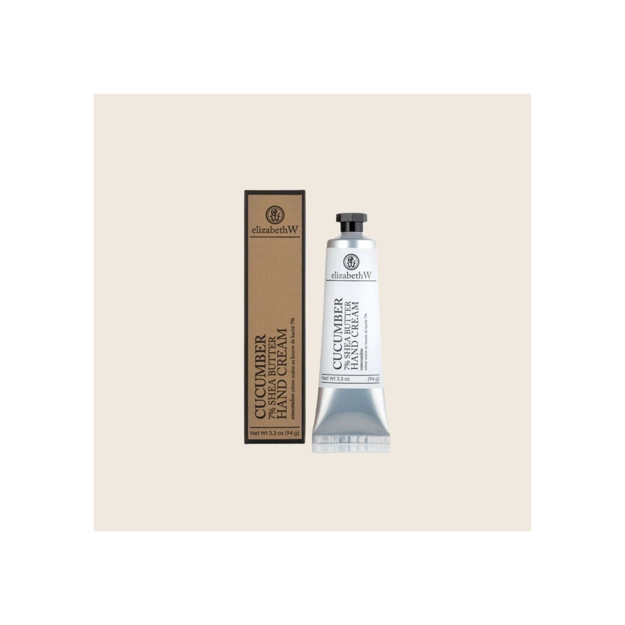 Hand cream tube and box, silver and white with black cap, cucumber scent