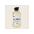 Bath and shower gel bottle, frosted white plastic, black ribbed flip cap, upright