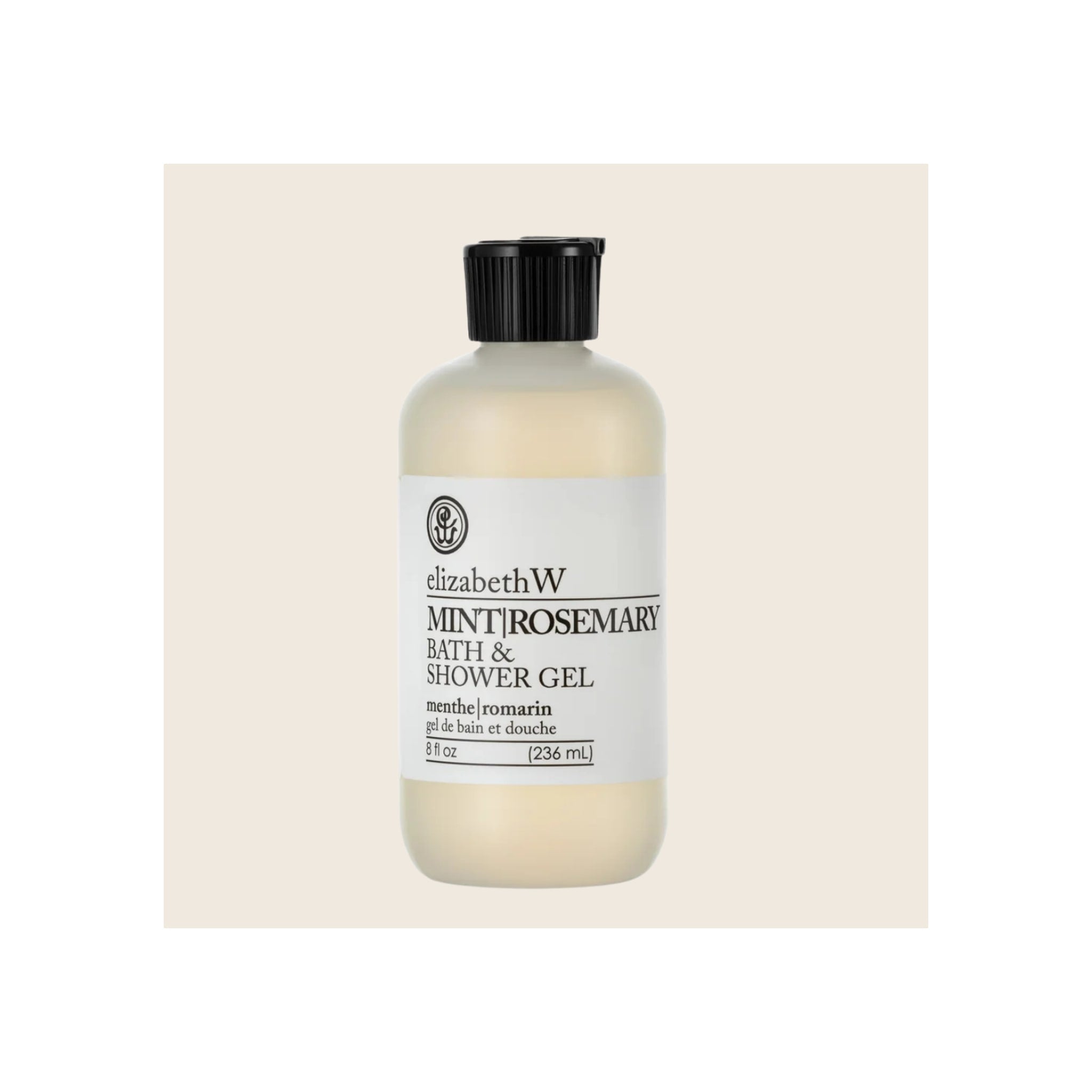 Bath and shower gel bottle, frosted white plastic, black ribbed flip cap, upright