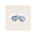 Sleep mask in blue and white Delft-style paisley floral print, front view, flat lay
