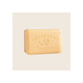Soap bar, pale golden-yellow rectangular shape, embossed Pré de Provence branding and bird motif, angled front view