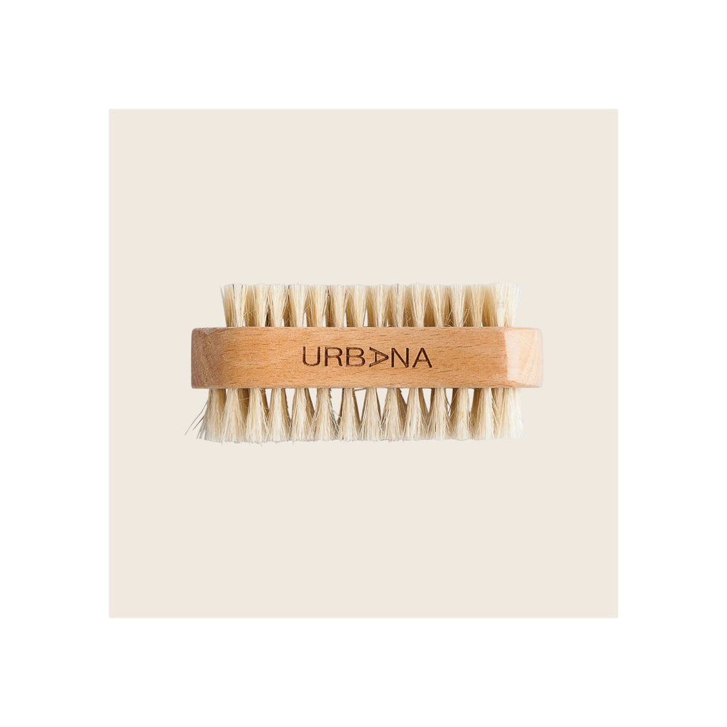 Nail brush with natural bristles, rectangular beechwood handle, front-facing flat lay orientation