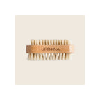 Nail brush with natural bristles, rectangular beechwood handle, front-facing flat lay orientation