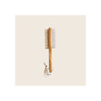 Pumice stone and nail brush with bamboo handle and natural bristles, vertical orientation