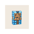 Dad Jokes card game box, blue gingham print with orange bold lettering, upright front-angle view