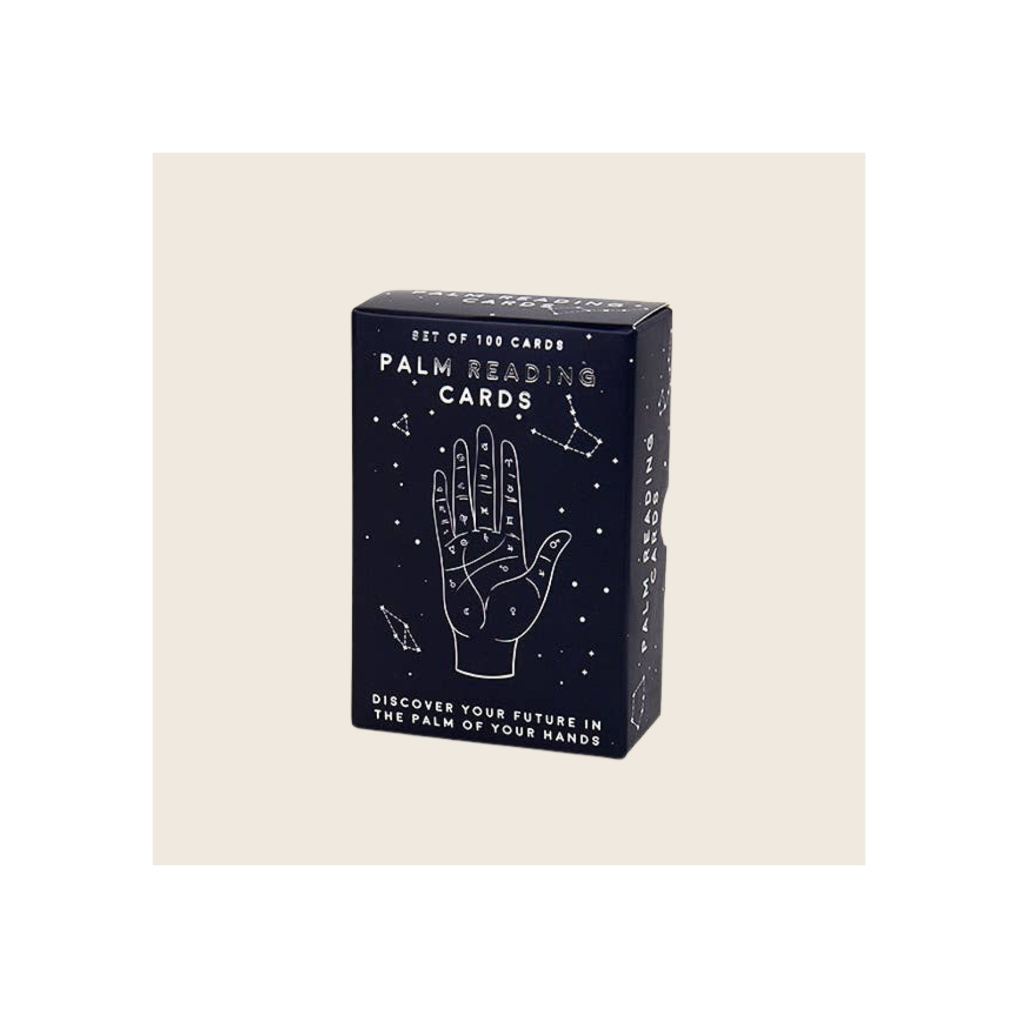 Palm Reading Cards box, navy blue with white illustrated hand and constellation graphics, upright front-facing orientation